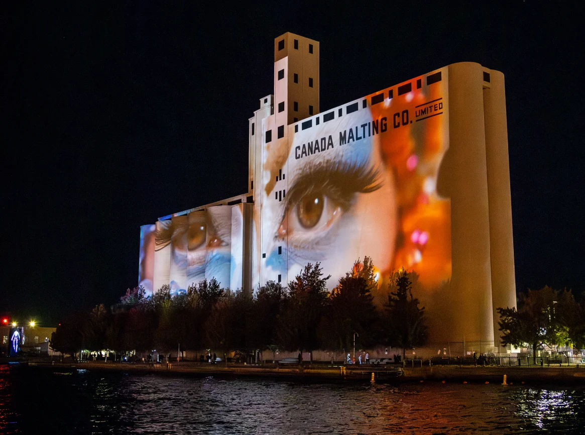 Riparia's goddess eye motif projected across the Canada Malting Silos, reflected in the harbour